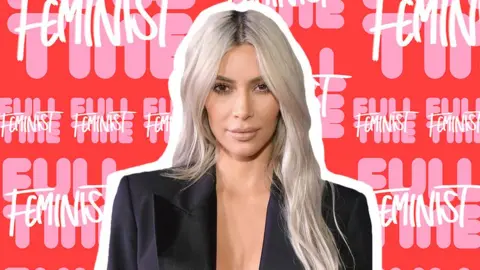@KimKardashian/Gettyimages Kim Kardashian feminist background with a photograph of her on top in collaged graphic