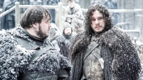 Sky Atlantic Kit Harington playing Jon Snow with John Bradley playing Samwell Tarly in Game of Thrones