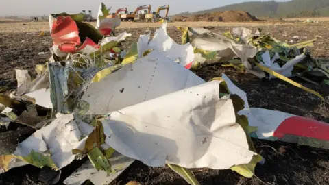 Getty Images Wreckage lies at the crash site of Ethiopia Airlines Boeing 737 Max 8