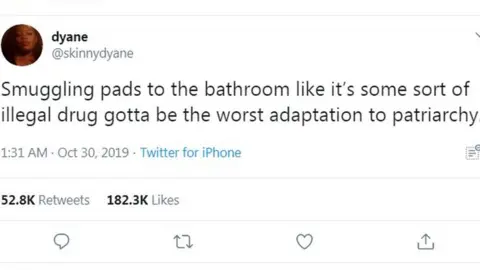@skinnydyane/Twitter Tweet by @skinnydyane says: Smuggling pads to the bathroom like it's some sort of illegal drug gotta be the worst adaptation to patriarchy