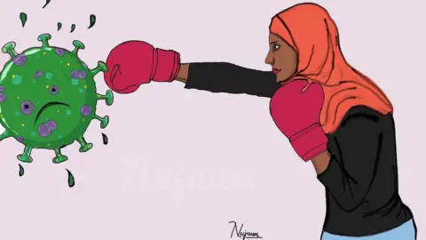 Nujuum Hashi An illustration of a woman in boxing gloves punching coronavirus