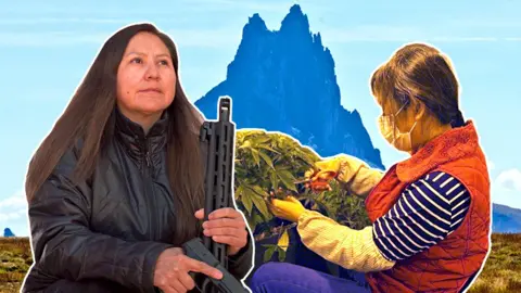 BBC Composite image, Bea Redfeather, Chinese worker on cannabis farm, in front of Shiprock, New Mexico