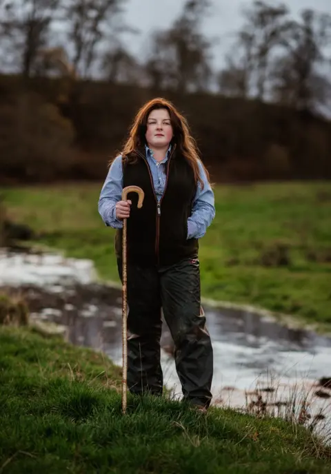 Joanne Coates Lauren, a contract shepherdess, seen in Cornhill on Tweed in the Scottish Borders