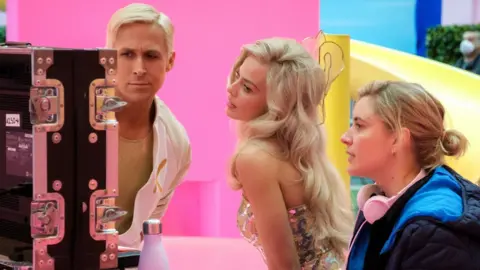 Warner Bros Ryan Gosling, Margot Robbie and Greta Gerwig on the set of Barbie