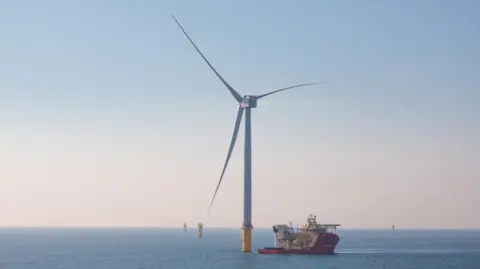 Dogger Bank Wind Farm A North Sea supply vessel alongside one of the 260-metre high turbines