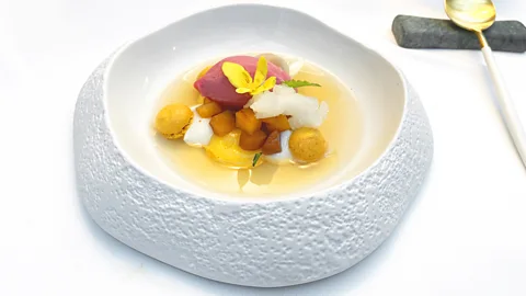 Sofia Perez Stone fruits with basil, sansho pepper, pepper and peach sorbet (Credit: Sofia Perez)