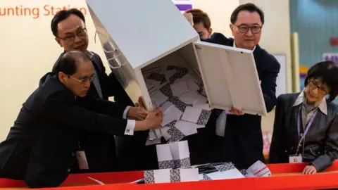 Getty Images Officials empty a ballot box during the Hong Kong district election count