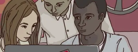 Three people huddle around a computer with a "vote labour" sticker on it