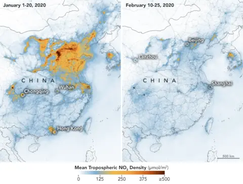 NASA A map released by Nasa shows how air pollution levels have reduced in China this year