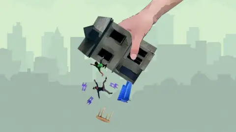 BBC House upside down with people falling out