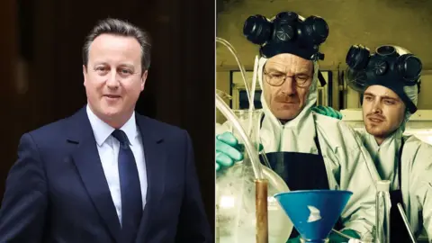 Getty Images and AMC David Cameron and Bryan Cranston and Aaron Paul in character in Breaking Bad
