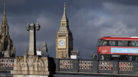 Getty Images London bus outside Parliament
