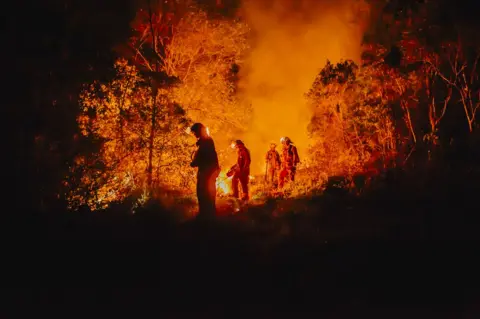 Cam Neville Volunteer firefighters start a controlled burn in Australian bushland