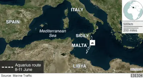 Map showing the approximate location of the ship Aquarius