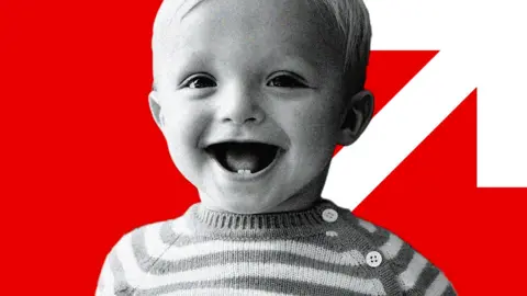 BBC A smiling baby on a red and white background - reflecting the BBC's "cost of living" branding