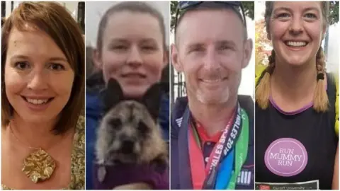 Family photo Four photos of people, compiled together side-by-side. One the left is Nicola Wheatley, who has bobbed brown hair and is wearing a gold necklace and gold top while smiling at the camera. Next is Morgan Rogers, who has tied back brown hair, is wearing a blue jacket and holding a dog in front of her. Next along is Paul O'Dwyer who has short dark hair and sunglasses on his head He has several medals around his neck, each with a different brightly coloured ribbon, and is smiling at the camera. And on the far right is Andrea Powell, who has blonde hair in two plaits, and is smiling while wearing a black and purple running vest which has the words 'run mummy run' on it.
