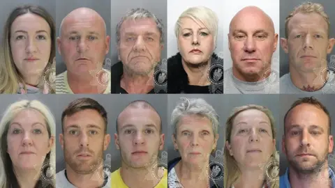 North Wales Police A 12-photo composite of the various gang members who were sentenced for being part of the Dodd's steroid empire. Seven men, including Andrew and Macaulay Dodd, and five women are pictured. 