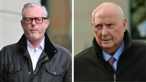 Pacemaker A composite image of Ian Coulter and Frank Cushnahan. On the left is Mr Coulter, who is wearing a black wax jacket and white shirt. He's standing outside Laganside Court. He's wearing dark glasses and has short grey hair and a beard. On the right is Frank Cushnahan. Mr Cushnahan is wearing a grey coat with a blue shirt and red and white stripe tie. He has balding grey hair.