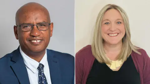 Handout A photo of a man with glasses is wearing a blue suit and blue tie and blue and white striped shirt. There is also a photo of a blonde woman, wearing a purple cardigan and black shirt. 